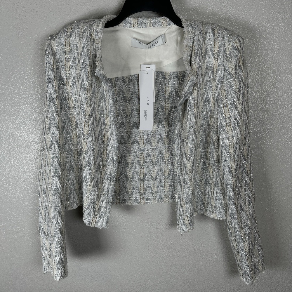 NEW IRO Silver Metallic Cream Blazer Jacket Cotton Linen Blend Womens 42 Holiday